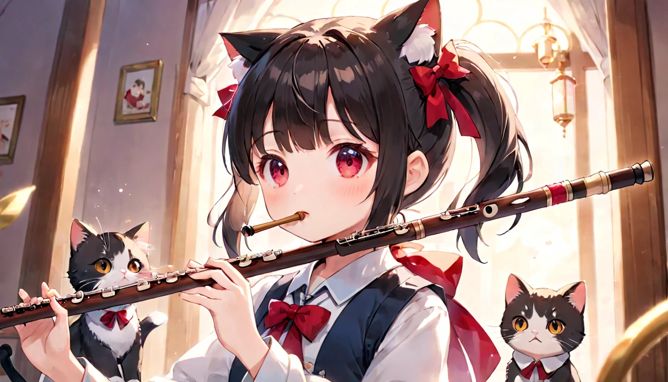 (masterpiece, best quality, very aesthetic, absurdres,general) , 1girl,cat ear, {{{short ponytail}}},{{child, Loli}},younger sister,cute,kawaii,,blunt bangs,short sideburns,red bow,Focus on the face, eye focus, Upward glance,fisheye,girl with flute