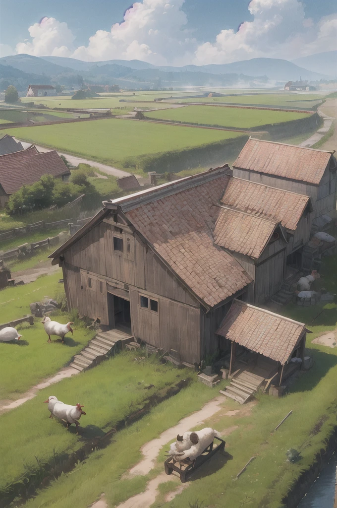 man, 欧洲middle Ages,farmer,dim,Western dragon,farmer,livestock,animal,ox,sheep,dog,pig,Chicken and duck,farmland,village, Keep, outdoor, bird, permanent, cloud, arms, from behind, Sky, cloudy Sky, animal, Keep arms, Western dragon, monster, 1other, have, FOG, middle Ages,farmland,river,war
