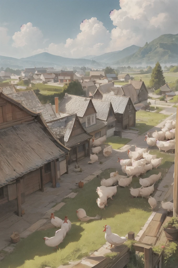 man, 欧洲middle Ages，farmer，dim，Western dragon，farmer,livestock，animal，ox，sheep，dog，pig，Chicken and duck，farmland，village， Keep, outdoor, bird, permanent, cloud,  arms, from behind, Sky, cloudy Sky, animal, Keep arms, Western dragon, monster, 1other, have, FOG,  middle Ages，farmland，river，war