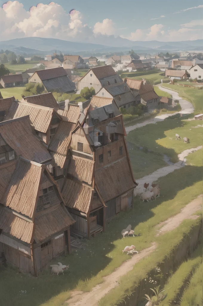 man, 欧洲middle Ages，farmer，dim，Western dragon，farmer,livestock，animal，ox，sheep，dog，pig，Chicken and duck，farmland，village， Keep, outdoor, bird, permanent, cloud,  arms, from behind, Sky, cloudy Sky, animal, Keep arms, Western dragon, monster, 1other, have, FOG,  middle Ages，farmland，river，war