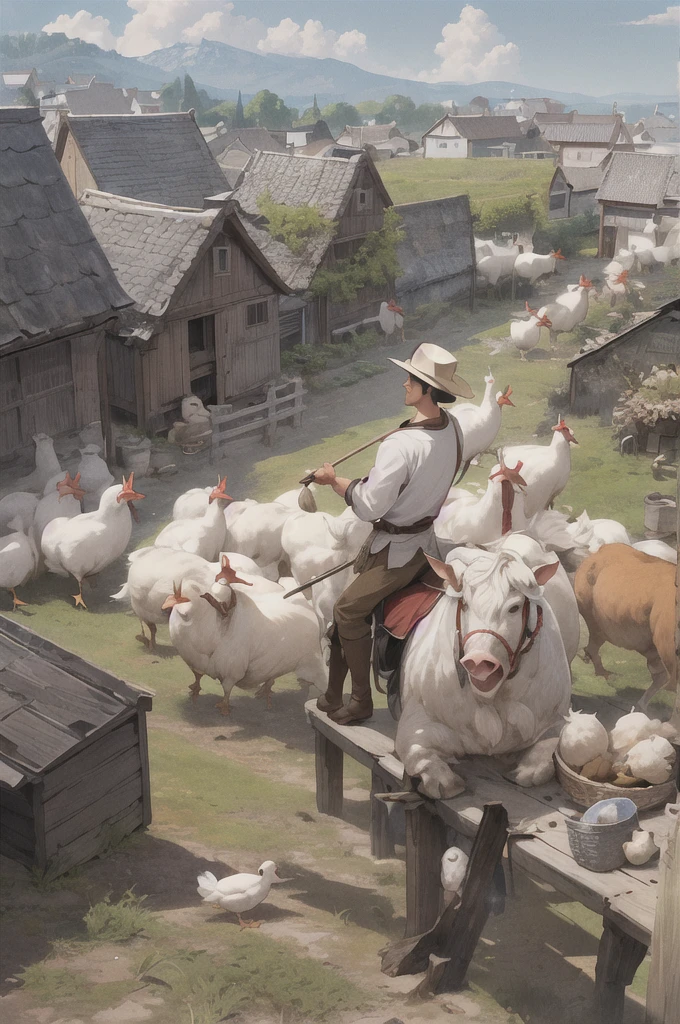 man, 欧洲middle Ages,farmer,dim,Western dragon,farmer,livestock,animal,ox,sheep,dog,pig,Chicken and duck,farmland,village, Keep, outdoor, bird, permanent, cloud, arms, from behind, Sky, cloudy Sky, animal, Keep arms, Western dragon, monster, 1other, have, FOG, middle Ages,farmland,river,war