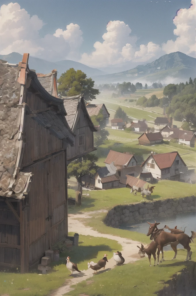 man, 欧洲middle Ages，farmer，dim，Western dragon，farmer,livestock，animal，ox，sheep，dog，pig，Chicken and duck，farmland，village， Keep, outdoor, bird, permanent, cloud,  arms, from behind, Sky, cloudy Sky, animal, Keep arms, Western dragon, monster, 1other, have, FOG,  middle Ages，farmland，river，war