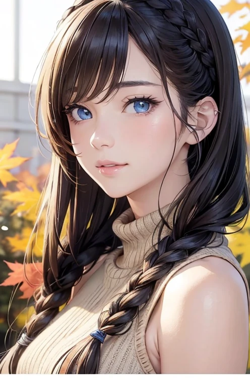 masterpiece、highest quality、High resolution、high quality images、8K, 1 female、skin luster、Texture of skin and clothing、Expression of fine eyes、Shiny light golden hair,Girl with long braided hair, Manga inspired by Lee Jong-suk, trending on deviantart, realism, detailed manga style, manga art style, perfect line drawing, beautiful line drawing, digital manga art girl, K-POPアイドル, beautiful blue eyes, plump lips, detailed gorgeous face, (cute smile), charm, innocent, Side view, (perfectly detailed face), (fine hands) photorealistic images, Depth of written boundary, ponytail hairstyle, Corolla on the head , loose and light knitwear、shoulder knit , show your shoulders , autumn leaves , autumn leaves ,美しいautumn leaves,romanticism,