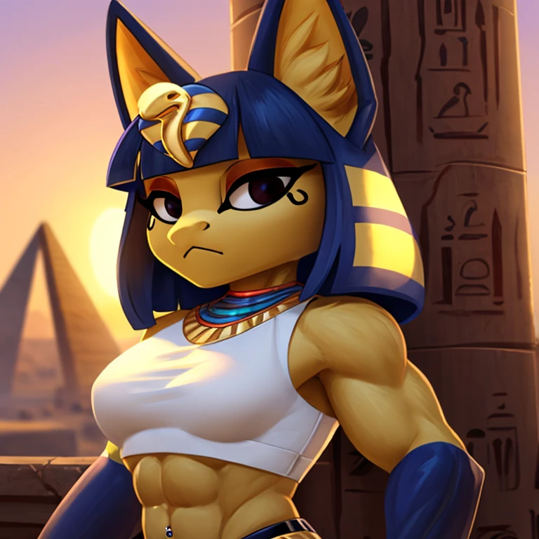 a digital artwork of ankha with abs wearing a crop top of her white sleeveless dress outfit with a bare midriff and a bare navel , digital art, ((perfect face)), ((best quality)), ((masterpiece)), sideview, Egypt setting, navel piercing