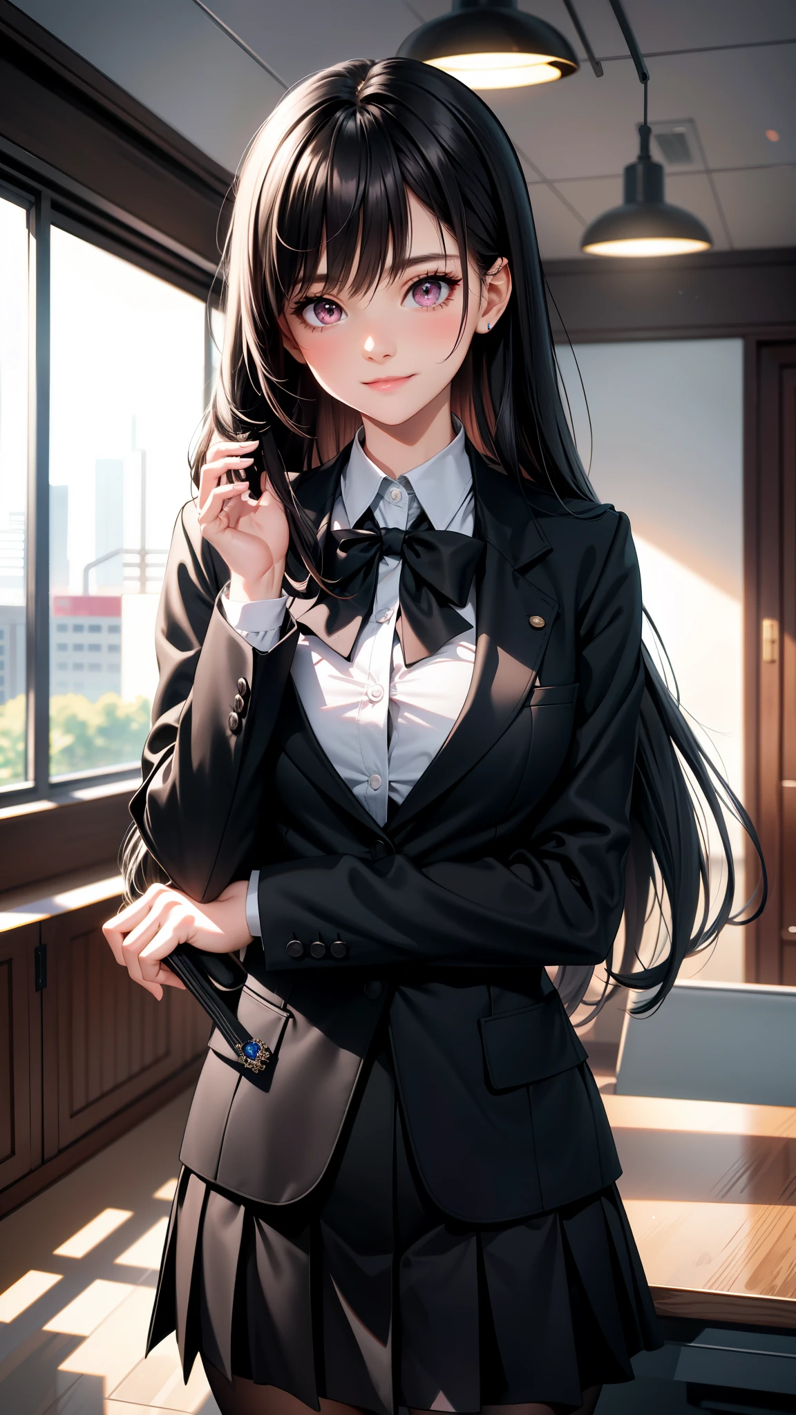(best quality:1.1), (Masterpiece:1.2), High quality shadow, beautiful details, Beautiful face, Detailed eyes, depth of field, high resolution, best shadow, best light, 1 girl, see the audience, black hair, smooth, blunt, long hair, pink eyes, shy, big breasts:1.4, black short skirt, women's shirts, fashion suit jacket, pump, office woman,rift, smile, office background, sexy woman, Smooth posture hundred