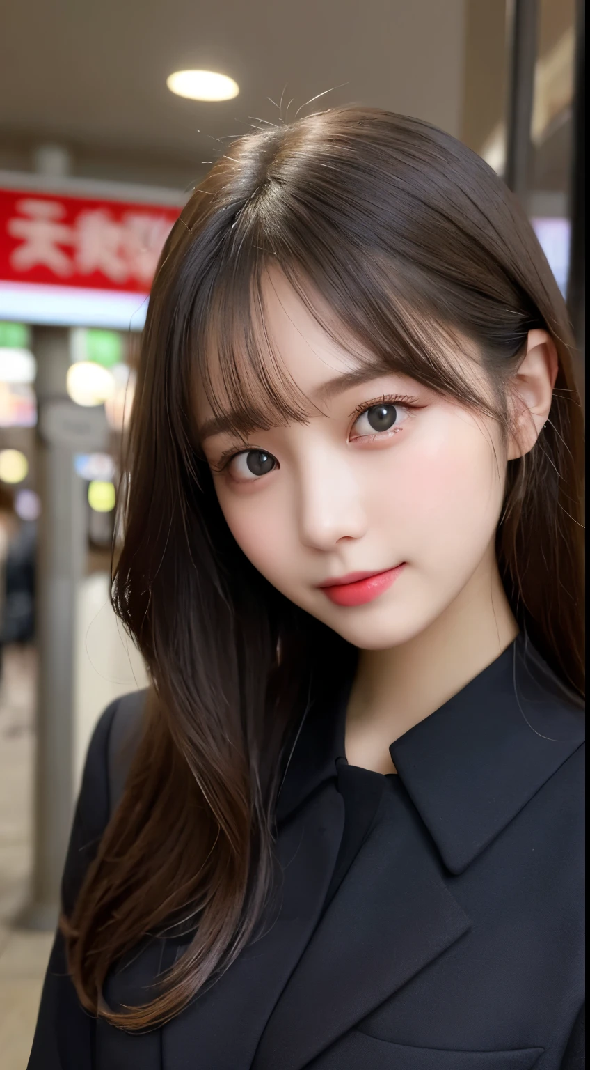 table top, highest quality, shape, Super detailed, finely, High resolution, 8k wallpaper, 完璧なダイナミックな構shape, beautiful and detailed eyes, small breasts, natural color lip, 20 year old girl、beautiful and cute face、perfect and beautiful face,Big eyes、real photos（best image quality）,cute、blur the background、sexy pose、Shoot the subject from below、smile、Shibuya station blurred background、small face、Slim your face and body、Smile、look at the camera、Suit Fashion（long sleeve）、Please stand、medium hair