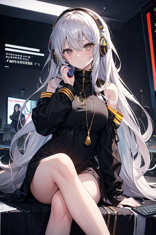 golden eyes、Woman using computer with big screen、silber hair、Semi-long hair、Wearing cool headphones,{{{{{{{{ Black Parker Oversize }}}}}}}},beautiful and delicate golden eyes,Thinking,Black clothes,