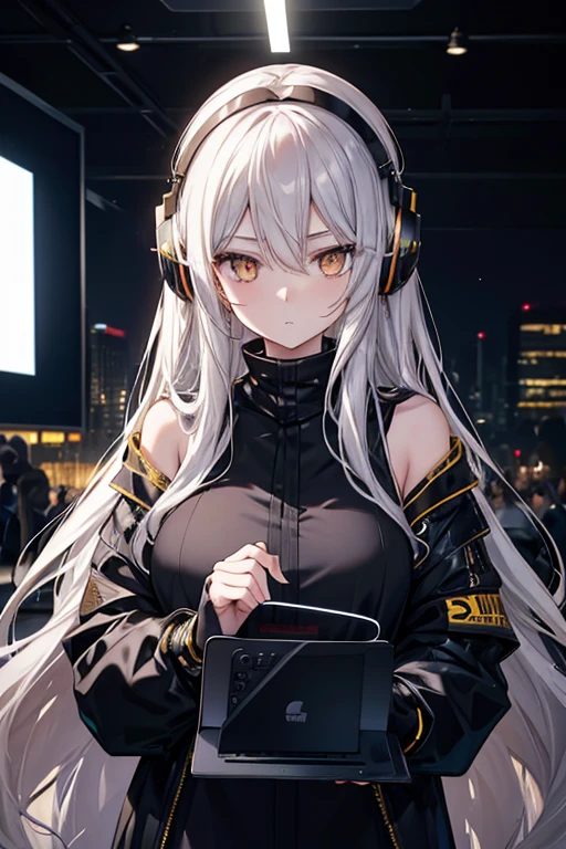 golden eyes、Woman using computer with big screen、silber hair、Semi-long hair、Wearing cool headphones,{{{{{{{{ Black Parker Oversize }}}}}}}},beautiful and delicate golden eyes,Thinking,Black clothes,