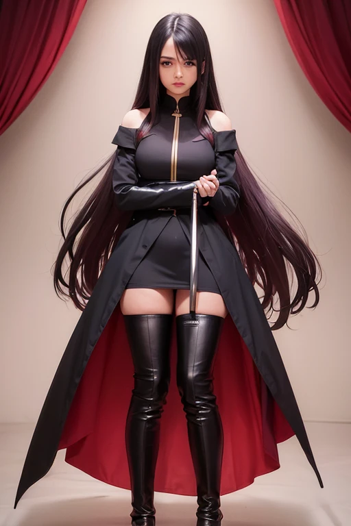 Busty,long hair,wearing long black boots,her hahair is maroon color,bright blue eyes,a bit tanned,wearing a knee length body hug red gown,with two swords behind.