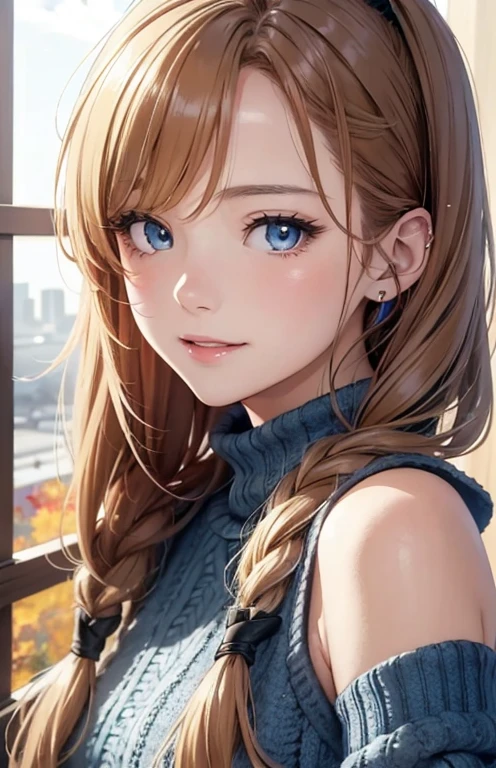 masterpiece、highest quality、High resolution、high quality images、8K, 1 female、skin luster、Texture of skin and clothing、Expression of fine eyes、Shiny light golden hair,Girl with long braided hair, Manga inspired by Lee Jong-suk, trending on deviantart, realism, detailed manga style, manga art style, perfect line drawing, beautiful line drawing, digital manga art girl, K-POPアイドル, beautiful blue eyes, plump lips, detailed gorgeous face, (cute smile), charm, innocent, Side view, (perfectly detailed face), (fine hands) photorealistic images, Depth of written boundary, ponytail hairstyle, Corolla on the head , loose and light knitwear、shoulder knit , show your shoulders , autumn leaves , autumn leaves ，Beautiful autumn leaves，romanticism,