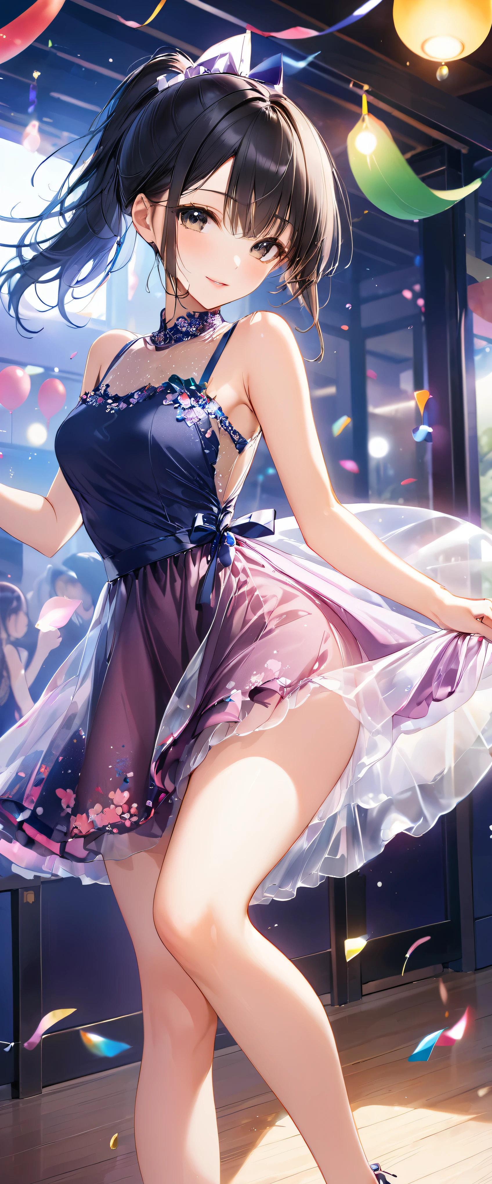 (masterpiece,highest quality,超A high resolution),japanese woman, (((Very beautiful 25 year old girl))), pretty girl、look at the photographer、 ((beautiful low ponytail)), super cute face, glossy lips, double eyelids in both eyes,natural smile、 natural makeup, long eyelashes, Shiny and smooth hair、, perfect limbs, perfect anatomy,(((party dress))、party venue,Pose with movement,black hair,See-through