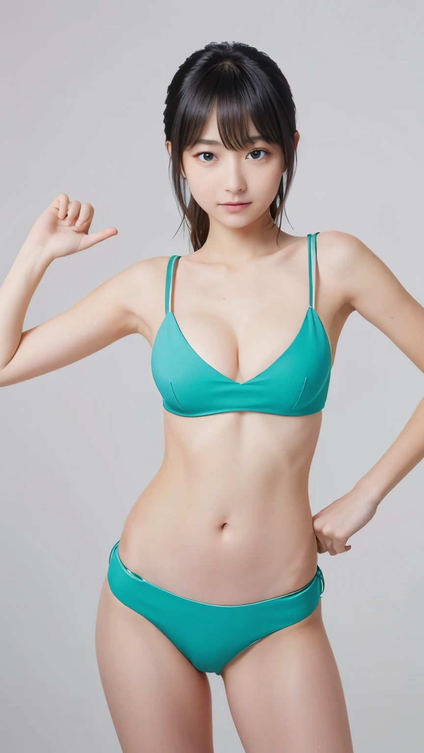 masterpiece,highest quality,1 girl,delicined face, 前hair, just_arm, just_shoulder, green_eye, clavicle, (high resolution:1.48)、(Very heavy and saggy perfect breasts:1.48)、(Racy Micro Bikini:1.48)、cowboy_shot, crop_superior, High leg, High leg, length_hair, looking for_in_peeping in the viewer, belly button, realistic, 一人in, Are standing,