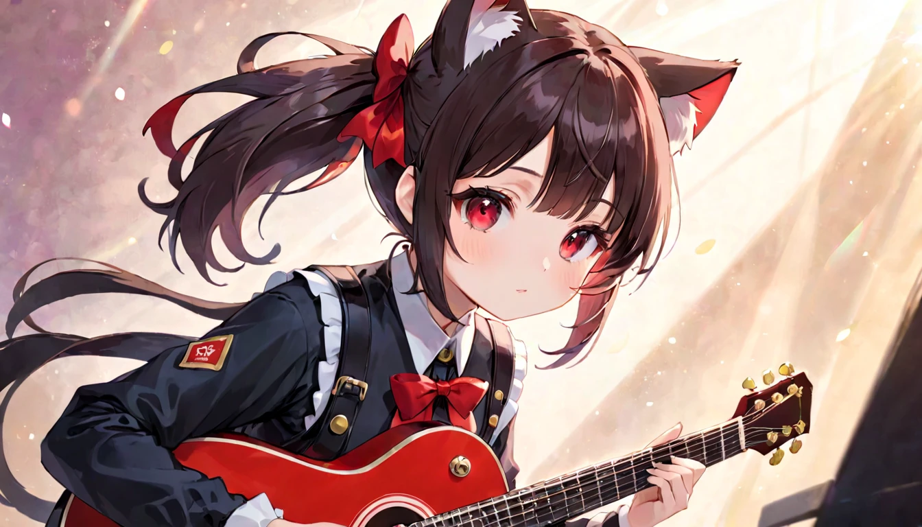 (masterpiece, best quality, very aesthetic, absurdres, general), 1 girl, cat ear, short ponytail, cute, kawaii, blunt bangs, short sideburns, red bow, focus on the face, fisheye, playing the guitar