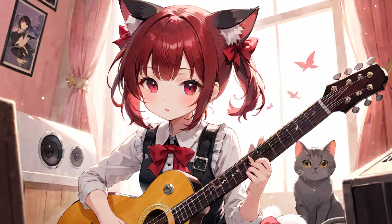 (masterpiece, best quality, very aesthetic, absurdres, general), 1 girl, cat ear, short ponytail, cute, kawaii, blunt bangs, short sideburns, red bow, focus on the face, fisheye, playing the guitar