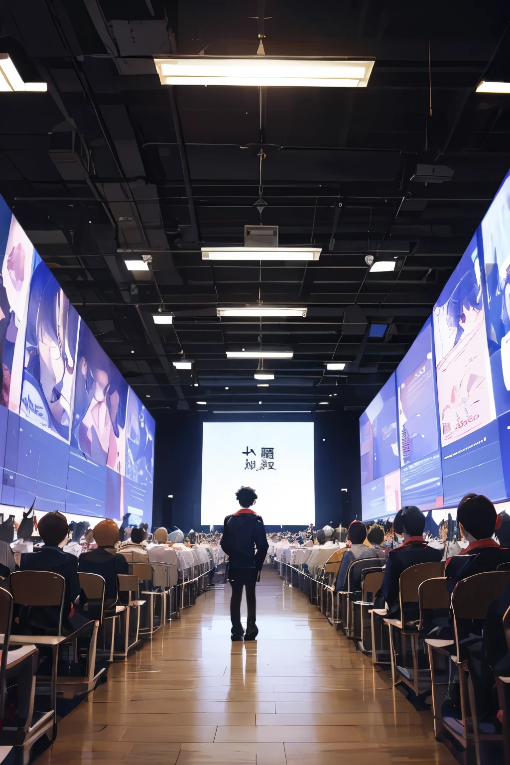 many people、A boy of college age in the foreground、Everyone is paying attention to the performance in the distance、back view、Amazing performance、I'm shocked、fun
