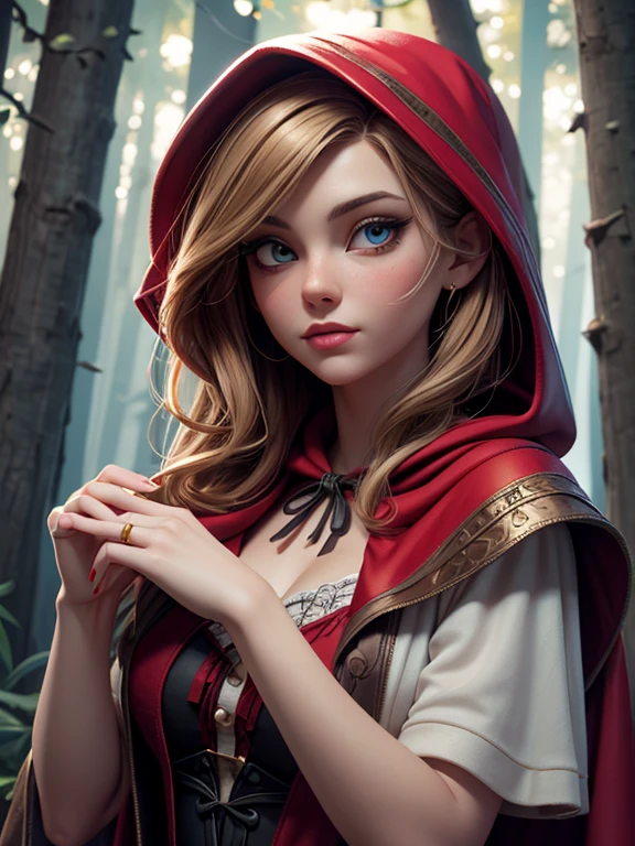 Oil painting of Adult ((Red Riding Hood)) [Woman:Maude Adams:0.1] character, ghostly white skin, charismatic look, perfect eyes, nostalgic, vintage, antique, Gabriel Pacheco style, soft, dreamlike, surrealism, tale forest background, intricate details, 3D rendering, octane rendering. Abstract background. Masterpiece of the best quality, high definition, 32k. By Monique Moro.