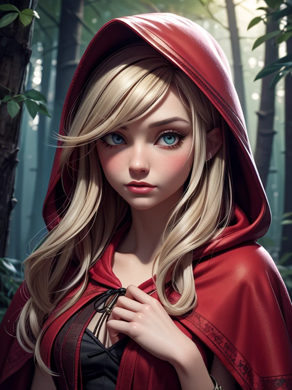 Oil painting of Adult ((Red Riding Hood)) [Woman:Maude Adams:0.1] character, ghostly white skin, charismatic look, perfect eyes, nostalgic, vintage, antique, Gabriel Pacheco style, soft, dreamlike, surrealism, tale forest background, intricate details, 3D rendering, octane rendering. Abstract background. Masterpiece of the best quality, high definition, 32k. By Monique Moro.