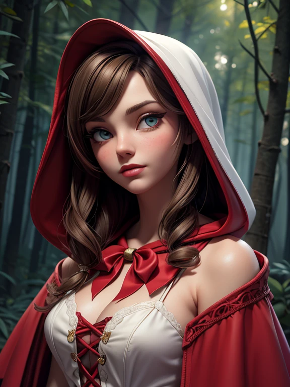 Oil painting of Adult ((Red Riding Hood)) [Woman:Maude Adams:0.1] character, ghostly white skin, charismatic look, perfect eyes, nostalgic, vintage, antique, Gabriel Pacheco style, soft, dreamlike, surrealism, tale forest background, intricate details, 3D rendering, octane rendering. Abstract background. Masterpiece of the best quality, high definition, 32k. By Monique Moro.