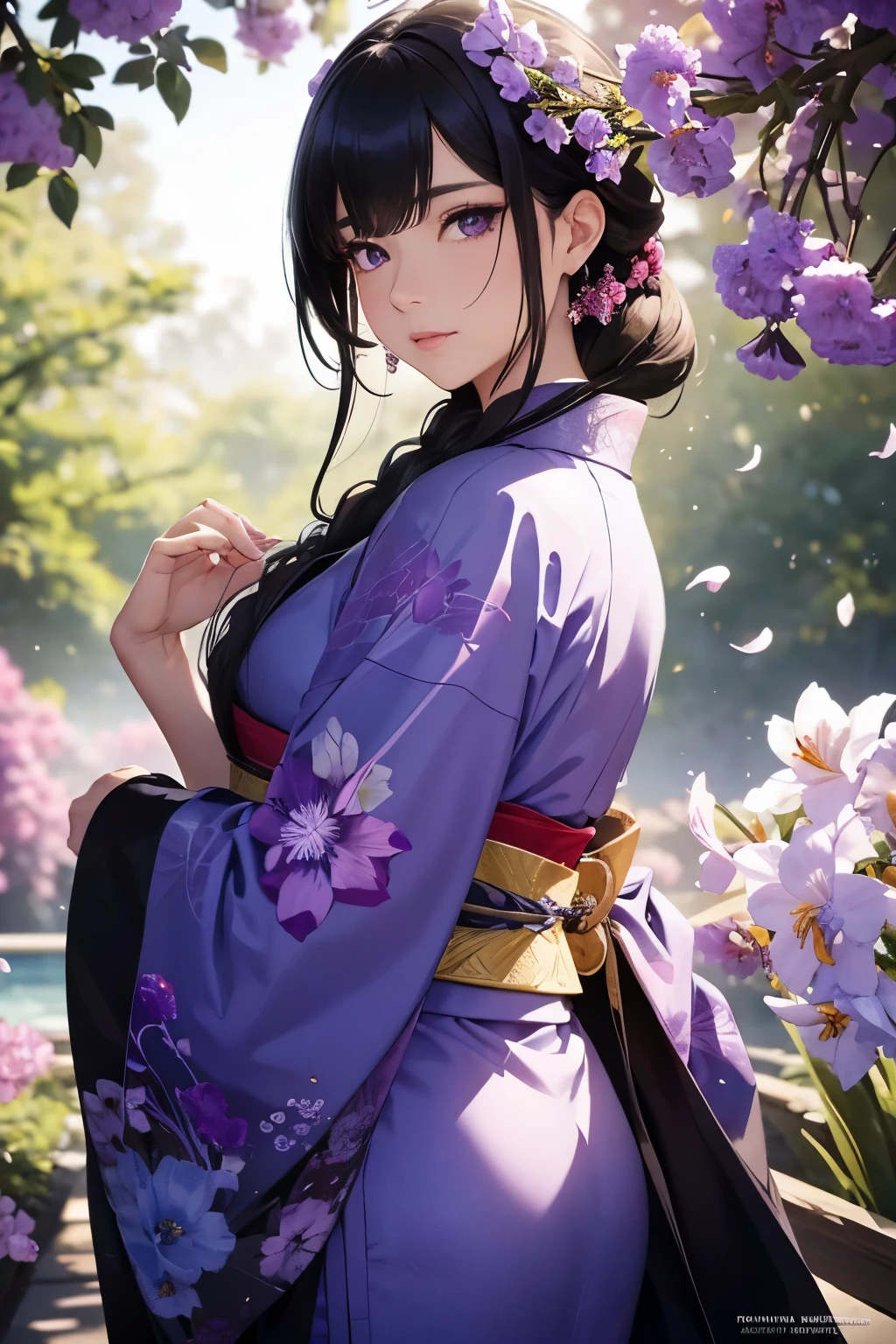In the season of fresh green leaves, blooming irises surround a woman dressed in a black Japanese-style kimono with a vibrant purple Obi. Her long, lustrous black hair is intricately tied in a traditional Japanese hairstyle, accentuating her elegant appearance. With a serene expression, she gazes up at the sky, tilting her head slightly to reveal her beautiful, shimmering purple eyes. The vibrant purple color of her eyes complements the overall color scheme of the scene, radiating a sense of mystery and enchantment.
The sky above her is painted in soft shades of blue and pink, indicating the calming atmosphere of a tranquil afternoon. Sunlight gently filters through the leaves of the trees, casting subtle shadows on her graceful figure. As the light catches the delicate texture of her shimmering silk kimono, a play of light and shadows dances across the fabric, adding depth and dimension.
In the background, irises, symbolizing courage and admiration, stand tall and vibrant. Their petals are vivid and their colors burst with life, further enhancing the beauty of the scene. The composition exudes a sense of tranquility, elegance, and timeless grace.
This artwork is of the highest quality and boasts impeccable detail. Every element is painstakingly depicted, capturing the intricate beauty of traditional Japanese culture. The result is a masterpiece that evokes a serene ambiance and showcases the artistry of both the subject and the artist.
(best quality, 4k, 8k, highres, masterpiece:1.2), ultra-detailed, (realistic, photorealistic, photo-realistic:1.37) portraits, Japanese art, traditional, beautiful, serene, tranquil, vibrant colors, shimmering silk, intricate details, traditional hairstyle, elegant appearance, mysterious atmosphere, shimmering purple eyes, soft shades of blue and pink, sunlight filtering through leaves, subtle play of light and shadows, blooming irises, symbolizing courage and admiration, burst with life.
Notice:The prompt generated above is an