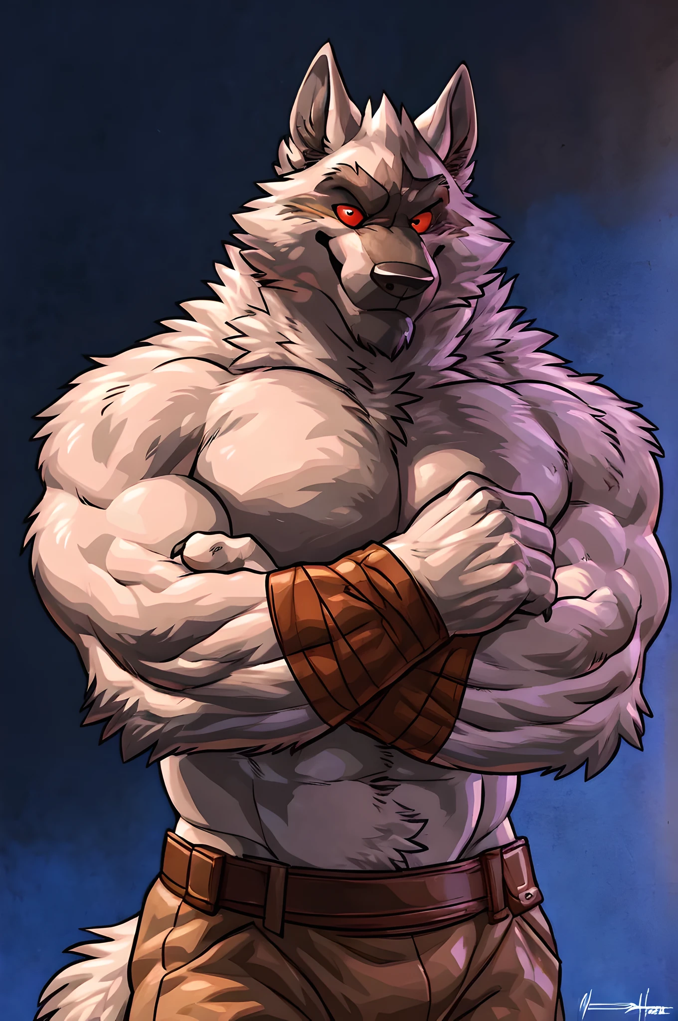 deathwolf, 4k, high resolution, best quality, detailed, posted on e621, solo, anthro body, older male, masculine, male, very masculine, (very muscular, defined muscles, heavyweight):1.2, (plain background:1.1), correct anatomy), (red eyes:1.0), (cel shaded, cartoony shading, strong shadows, dramatic lighting):1.3, confident, (by wfa, by takemoto arashi, by meesh, by Taran Fiddler), strong, stern face, (half body, upper body)