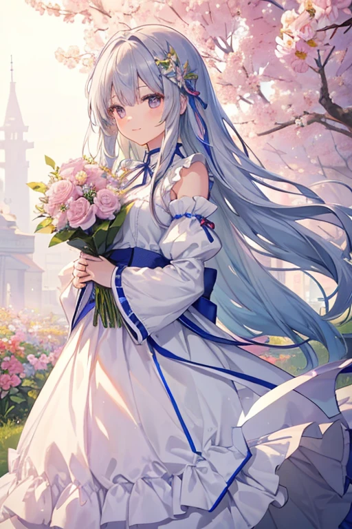(masterpiece、top-quality、illustratio、Extremely high quality、high-level image quality、Extremely sensitive writing)Girl with long silver hair standing in beautiful flowery garden、A slight smile、She has a large bouquet、Cute national costume style dress with ruffles on the shoulders、Hair fluttering in the wind, asuna yuuki,