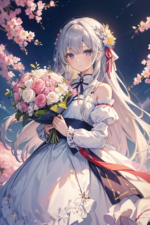 (masterpiece、top-quality、illustratio、Extremely high quality、high-level image quality、Extremely sensitive writing)Girl with long silver hair standing in beautiful flowery garden、A slight smile、She has a large bouquet、Cute national costume style dress with ruffles on the shoulders、Hair fluttering in the wind, asuna yuuki,