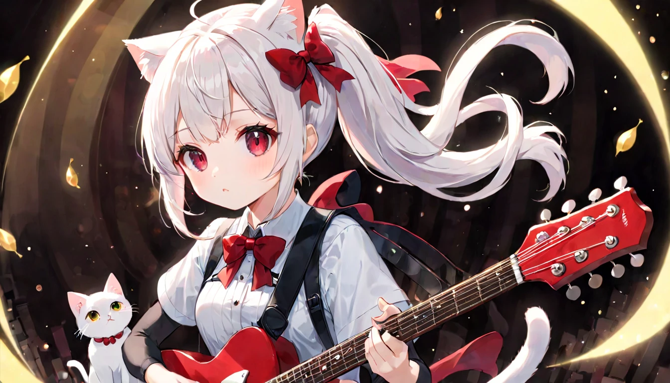 (masterpiece, best quality, very aesthetic, absurdres, general), 1 girl, cat ear, short ponytail, cute, kawaii, blunt bangs, short sideburns, red bow, focus on the face, fisheye, playing the guitar,long white hair