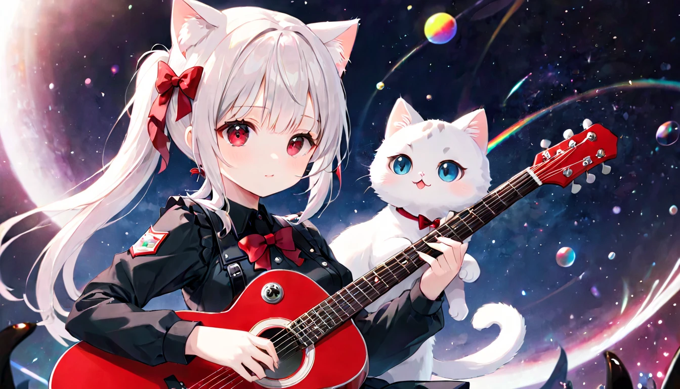 (masterpiece, best quality, very aesthetic, absurdres, general), 1 girl, cat ear, short ponytail, cute, kawaii, blunt bangs, short sideburns, red bow, focus on the face, fisheye, playing the guitar,long white hair