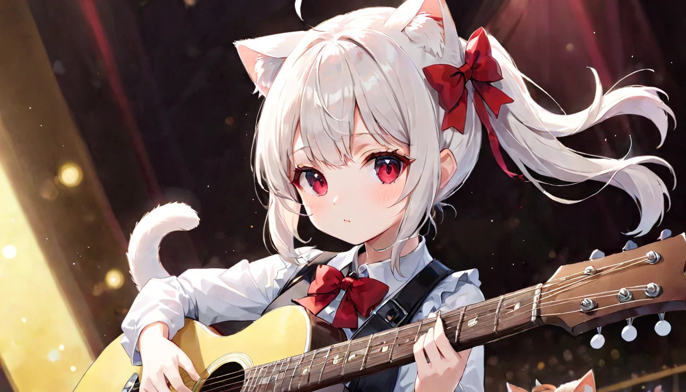 (masterpiece, best quality, very aesthetic, absurdres, general), 1 girl, cat ear, short ponytail, cute, kawaii, blunt bangs, short sideburns, red bow, focus on the face, fisheye, playing the guitar,long white hair