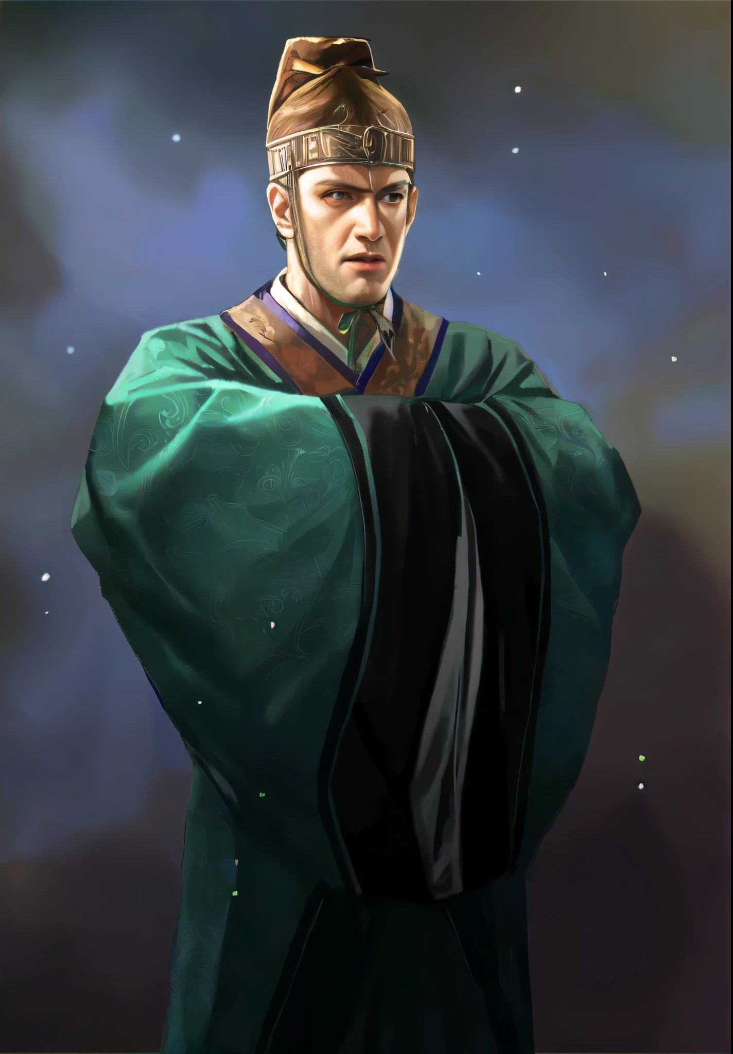 Arav man wearing green robe and black hat, Close-up portrait of mage, portrait of mage, Portrait of a male water wizard, green robe, Portrait of Lord Voldemort, Portrait of a wizard, Detailed portraits, 身着green robe, Noble elf male wearing black robe, Wearing flowing robes, Inspired by Cao Zhibai
