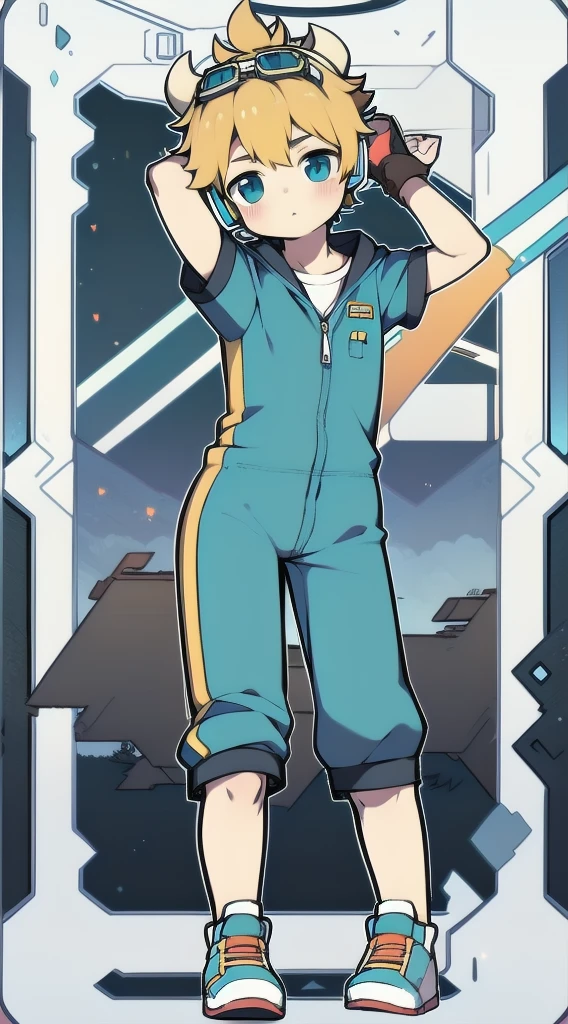 2D boy Shota, jumpsuit,horns,cow ears,Put the headphones on your head,stood up,goggles,sports shoes,Slim