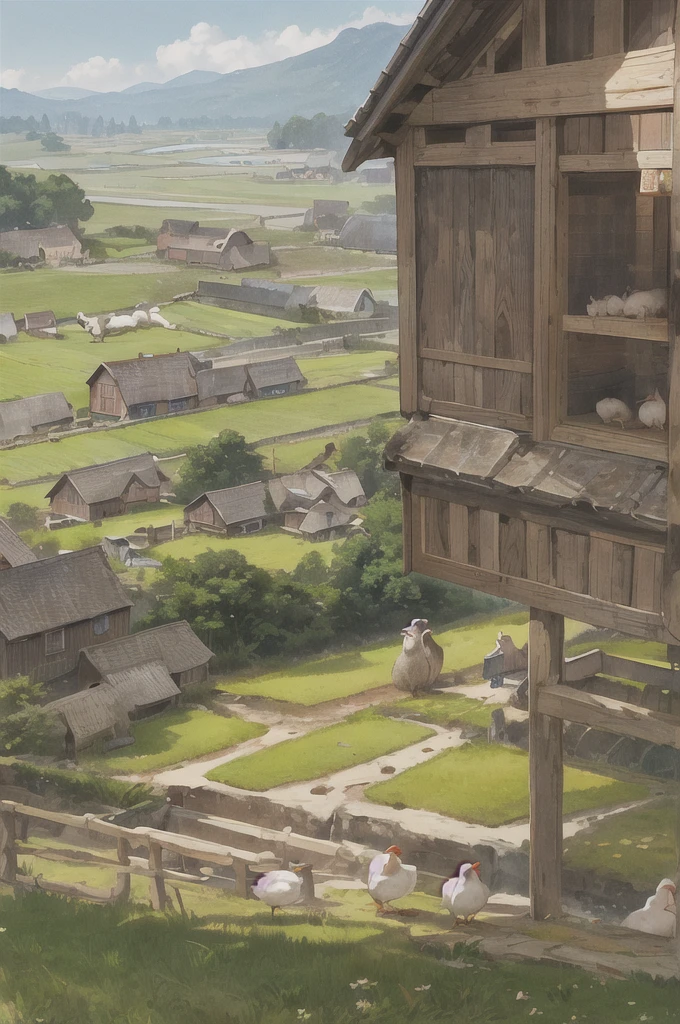 man, 欧洲middle Ages，farmer，dim，Western dragon，farmer,livestock，animal，ox，sheep，dog，pig，Chicken and duck，farmland，village， Keep, outdoor, bird, permanent, cloud,  arms, from behind, Sky, cloudy Sky, animal, Keep arms, Western dragon, monster, 1other, have, FOG,  middle Ages，farmland，river，war