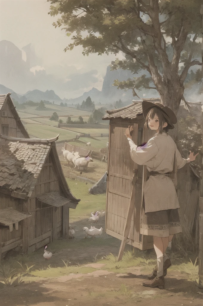 man, 欧洲middle Ages，farmer，dim，Western dragon，farmer,livestock，animal，ox，sheep，dog，pig，Chicken and duck，farmland，village， Keep, outdoor, bird, permanent, cloud,  arms, from behind, Sky, cloudy Sky, animal, Keep arms, Western dragon, monster, 1other, have, FOG,  middle Ages，farmland，river，war