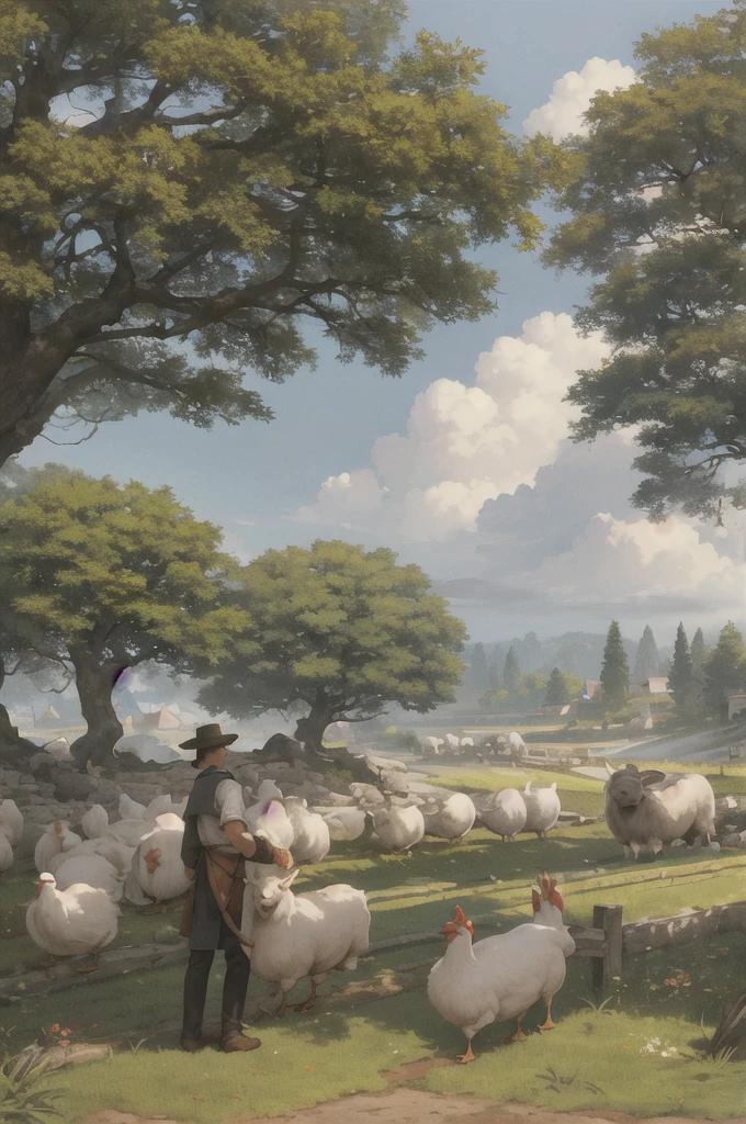 man, 欧洲middle Ages,farmer,dim,Western dragon,farmer,livestock,animal,ox,sheep,dog,pig,Chicken and duck,farmland,village, Keep, outdoor, bird, permanent, cloud, arms, from behind, Sky, cloudy Sky, animal, Keep arms, Western dragon, monster, 1other, have, FOG, middle Ages,farmland,river,war