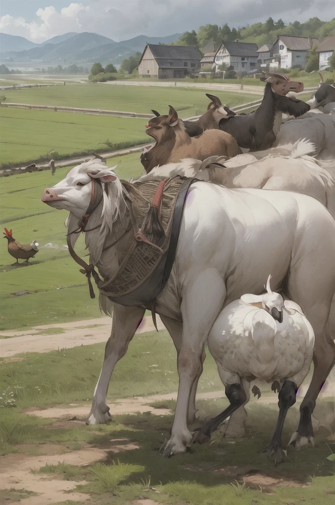 man, 欧洲middle Ages,farmer,dim,Western dragon,farmer,livestock,animal,ox,sheep,dog,pig,Chicken and duck,farmland,village, Keep, outdoor, bird, permanent, cloud, arms, from behind, Sky, cloudy Sky, animal, Keep arms, Western dragon, monster, 1other, have, FOG, middle Ages,farmland,river,war