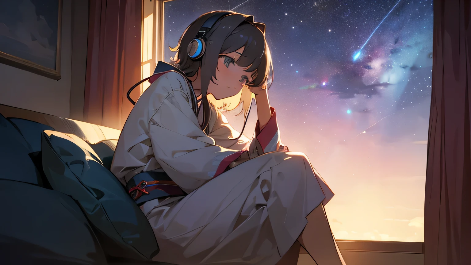 midnight　A beautiful girl is lost in thought while listening to music with headphones on the sofa in her room　warm lighting　Outside the window, the starry sky spreads out　Japanese anime style