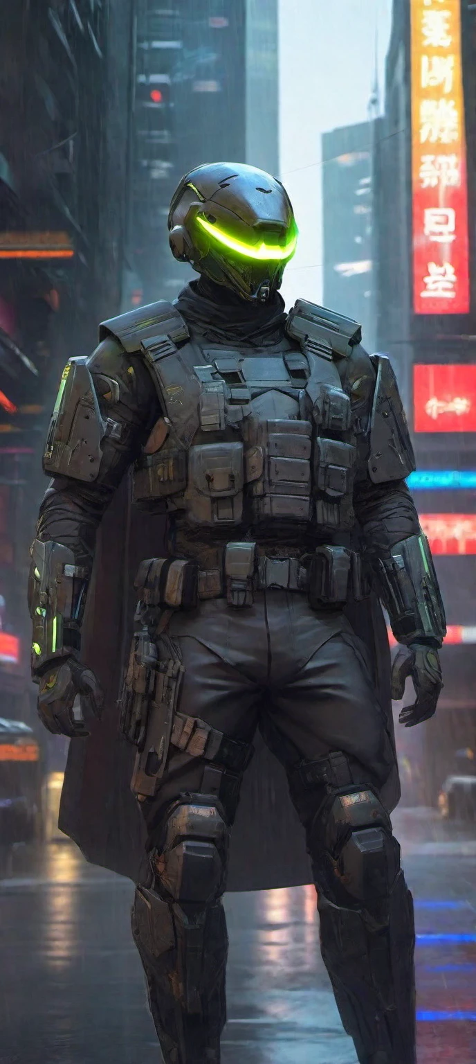  high-res, masterpiece, best quality,  Helmet with a tactical armour, Visor, Shoulder pads, Utility belt, Cyberpunk, futuristic, sharpness, cyberpunk city, street neon lights, insta pic, photo of the year, Tactical vest with ammo pouches, A black cape behind him flowing in the wind, Thigh gun holster,