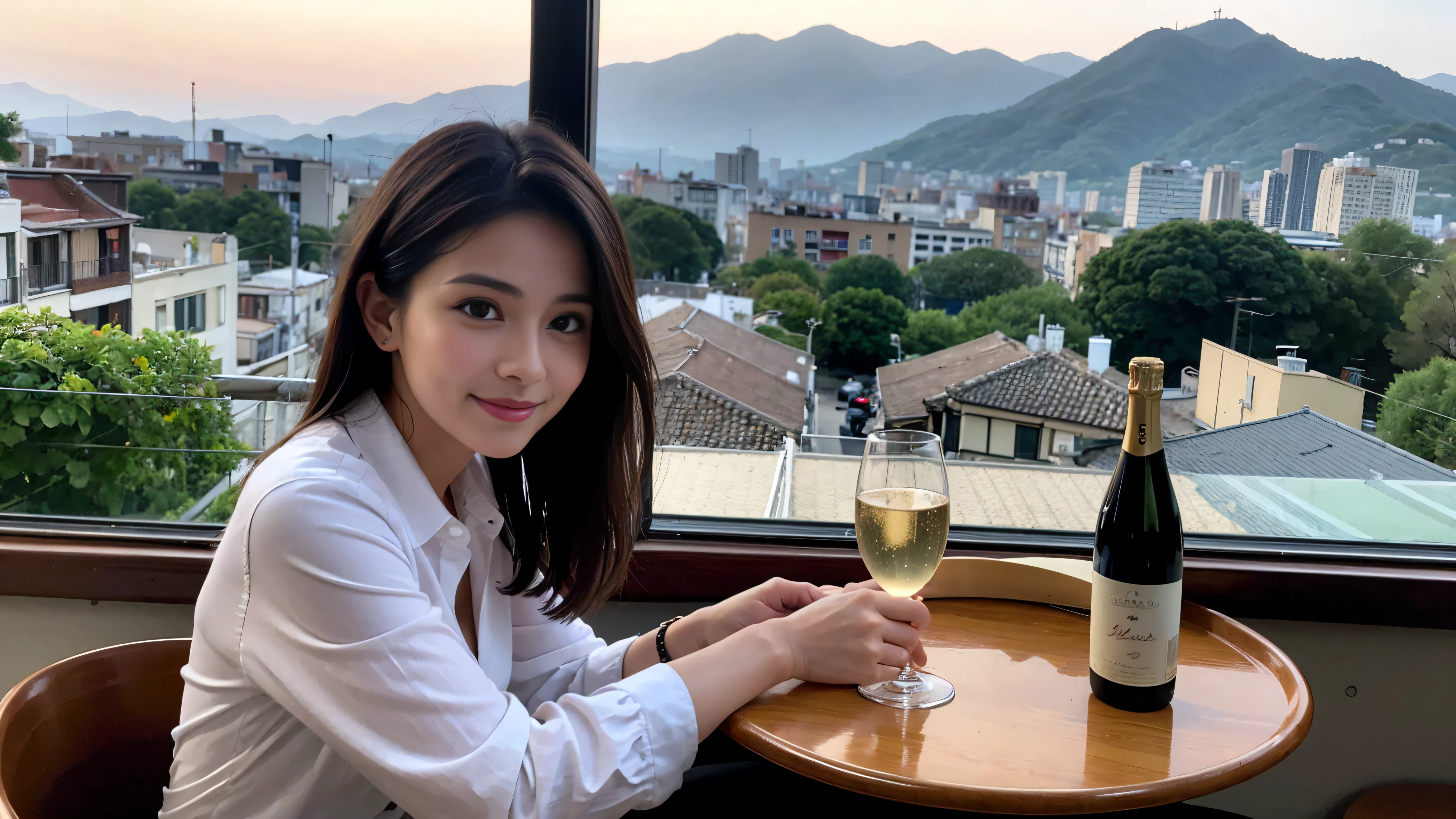 (to be born, highest quality, masterpiece:1.5), (realistic, intricate details:1.2), ultra high resolution, confused,bright image、2 Wine Beauties, beautiful face, blue eyes, fine eyes, symmetrical eyes, light shines on your face, blush your nose, short hair,Spectacular view of the sunset sky and clouds、Amazing mountain views、A bright smile、A lovely woman with a smile、The woman&#39;s face is bright、fox face、lady、Wine Party、hors d'oeuvre、Italian food、2 beauties、brown hair、shortcut、long sleeve shirt、winter fashion、dress、Japanese、Englishman、Dutch、German、Belgian、Italian、French,wine bottle、hors d'oeuvre、Champagne、sparkling wine、Pretty Woman 1, (slim face), (Because I&#39;m slender), (brown hair), (shortcut), cheeks turn a little red, (36 years old), 39 years old, attractive beauty、, A beautiful and detailed night view spreads out outside the window.........., restaurant, sitting in a wine glass, At night, in a prominent place (from the waist up) nova frog style, actress, model, Upper body, White wine, slim, wine glass, very beautiful night view, wine glass placed in the middle, Smile, (smile: 1.15), beautiful fine eyes, Depth f/2,saturation, high contrast, strong light and shadow
