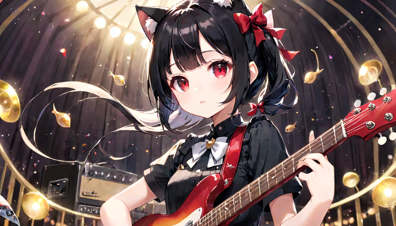 (masterpiece, best quality, very aesthetic, absurdres, general), 1 girl, cat ear, short ponytail, cute, kawaii, blunt bangs, short sideburns, red bow, focus on the face, fisheye, playing the guitar,long black hair