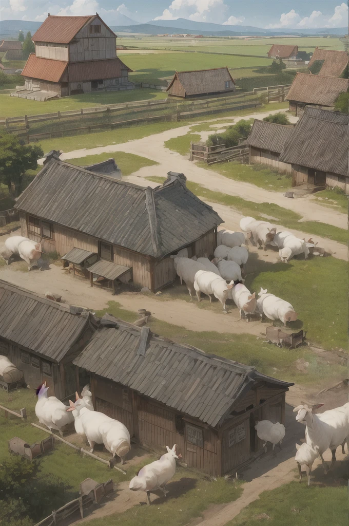 man, 欧洲middle Ages，farmer，dim，Western dragon，Sky中飞龙，farmer,livestock，animal，ox，sheep，dog，pig，Chicken and duck，farmland，village， Keep, outdoor, bird, permanent, cloud,  arms, from behind, Sky, cloudy Sky, animal, Keep arms, Western dragon, monster, 1other, have, FOG,  middle Ages，farmland，river，war