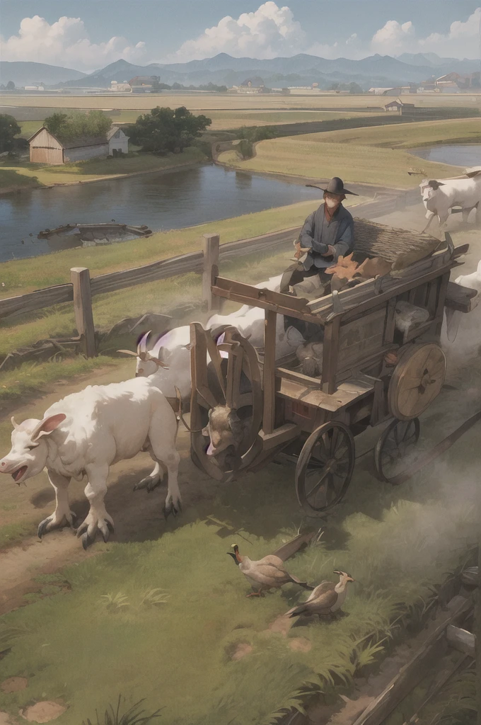 man, 欧洲middle Ages,farmer,dim,Western dragon,Sky中飞龙,farmer,livestock,animal,ox,sheep,dog,pig,Chicken and duck,farmland,village, Keep, outdoor, bird, permanent, cloud, arms, from behind, Sky, cloudy Sky, animal, Keep arms, Western dragon, monster, 1other, have, FOG, middle Ages,farmland,river,war