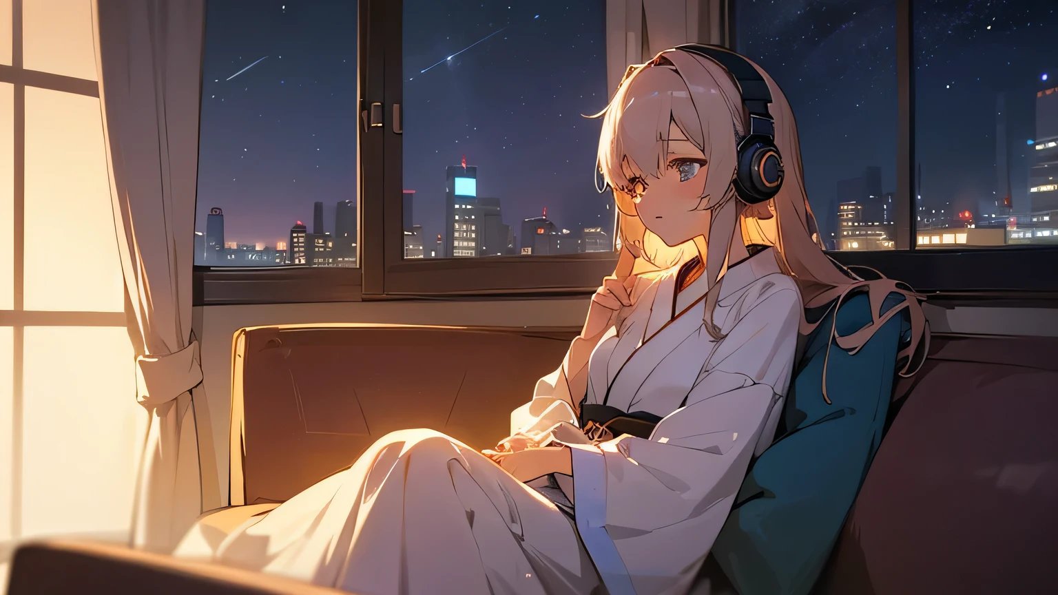 midnight A beautiful girl is lost in thought while listening to music with headphones on the sofa in her room warm lighting Outside the window, the starry sky spreads out Japanese anime style