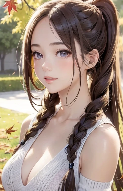 masterpiece、highest quality、High resolution、high quality images、8K, 1 female、skin luster、Texture of skin and clothing、Expression of fine eyes、Shiny light golden hair,Girl with long braided hair, Manga inspired by Lee Jong-suk, trending on deviantart, realism, detailed manga style, manga art style, perfect line drawing, beautiful line drawing, digital manga art girl, K-POPアイドル, Beautiful pink eyes, plump lips, detailed gorgeous face, (cute smile), charm, innocent, Side view, (perfectly detailed face), (fine hands) photorealistic images, Depth of written boundary, ponytail hairstyle, Corolla on the head , loose and light knitwear、shoulder knit , show your shoulders , I can see the cleavage , autumn leaves , autumn leaves ,美しいautumn leaves,romanticism,