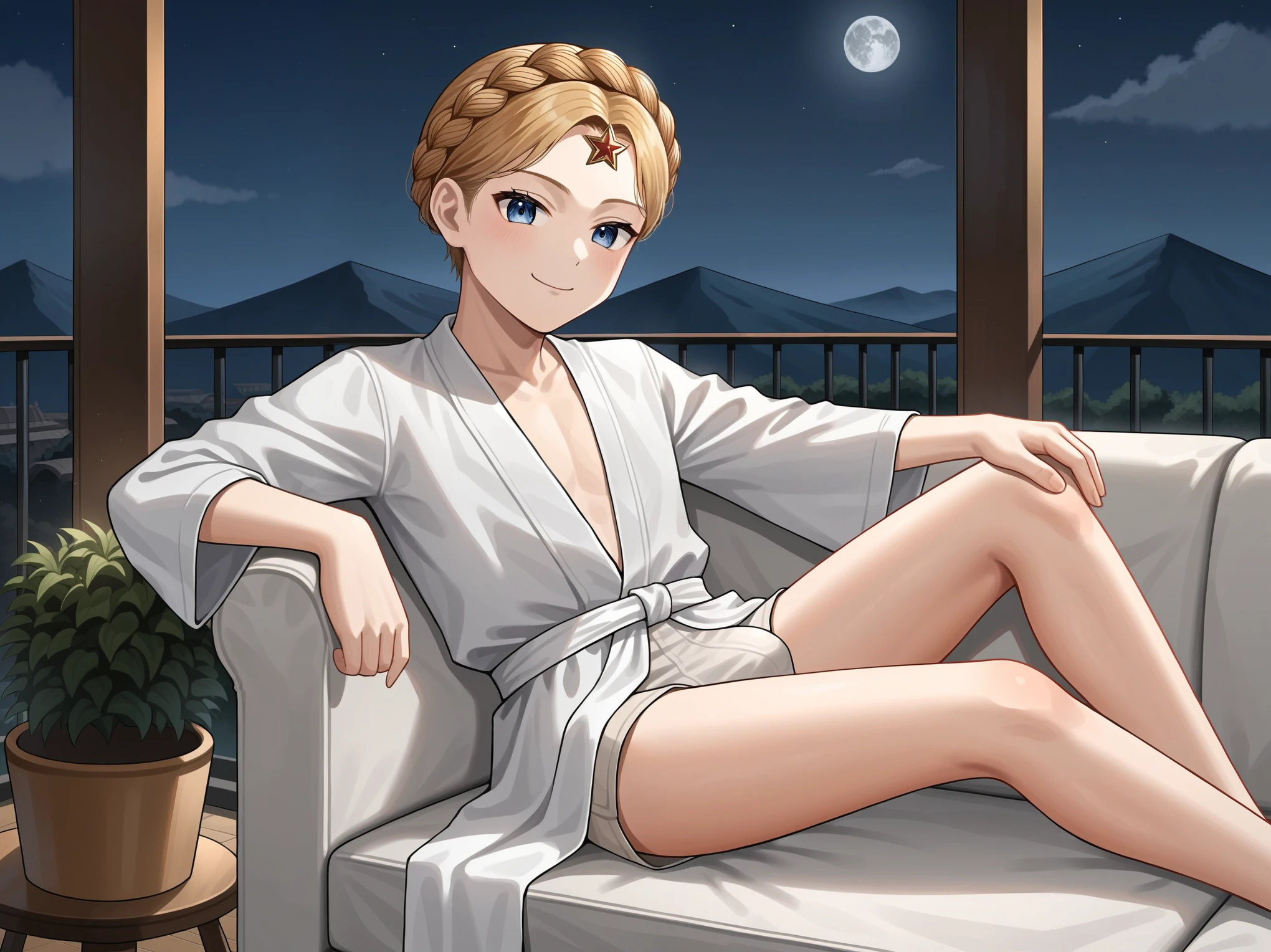 source_anime,score_9,score_8_up, score_7_up, 1boy,solo,outdoors, atomic heart, couch, indoors, seductive, face closeup, ((closed mouth)), smirk, thighs, long shot, balcony, mountain and riverbackground, fancy, white couch, laying, leaning, front view, exposed penis, shorts with rope outline, white robe, genderswap, genderbend, bulge, genderbend ftm, ftm, short hair, femboy, Japanese rope underwear, shota, young, very young, aged down, lole, tiny, night time, smug, smirk, night, after dark, cannopy curtain, curtain, fancy cannopy curtian, medium penis