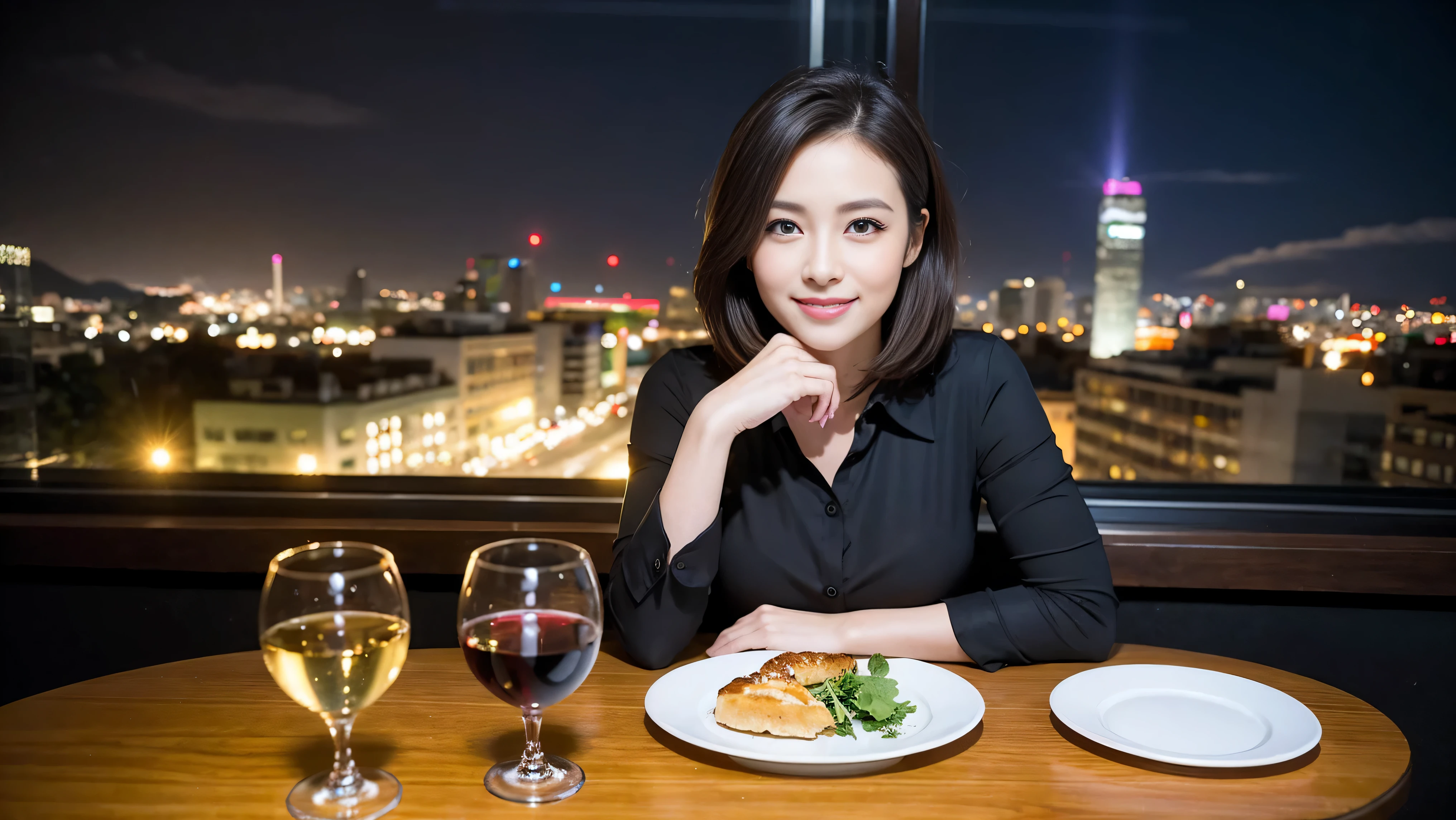 (to be born, highest quality, masterpiece:1.5), (realistic, intricate details:1.2), ultra high resolution, confused,bright image、2 Wine Beauties, beautiful face, blue eyes, fine eyes, symmetrical eyes, light shines on your face, blush your nose, short hair,Spectacular view of the sunset sky and clouds、Amazing mountain views、A bright smile、A lovely woman with a smile、The woman's face is bright、fox face、lady、Wine Party、hors d'oeuvre、Italian food、2 beauties、brown hair、shortcut、long sleeve shirt、winter fashion、dress、Japanese、Englishman、Dutch、German、Belgian、Italian、French,wine bottle、hors d'oeuvre、Champagne、sparkling wine、Pretty Woman 1, (slim face), (Because I'm slender), (brown hair), (shortcut), cheeks turn a little red, (44 years old), 42 years old, attractive beauty、, A beautiful and detailed night view spreads out outside the window.........., restaurant, sitting in a wine glass, At night, in a prominent place (from the waist up) nova frog style, actress, model, Upper body, White wine, slim, wine glass, very beautiful night view, wine glass placed in the middle, Smile, (smile: 1.15), beautiful fine eyes, Depth f/2,saturation, high contrast, strong light and shadow