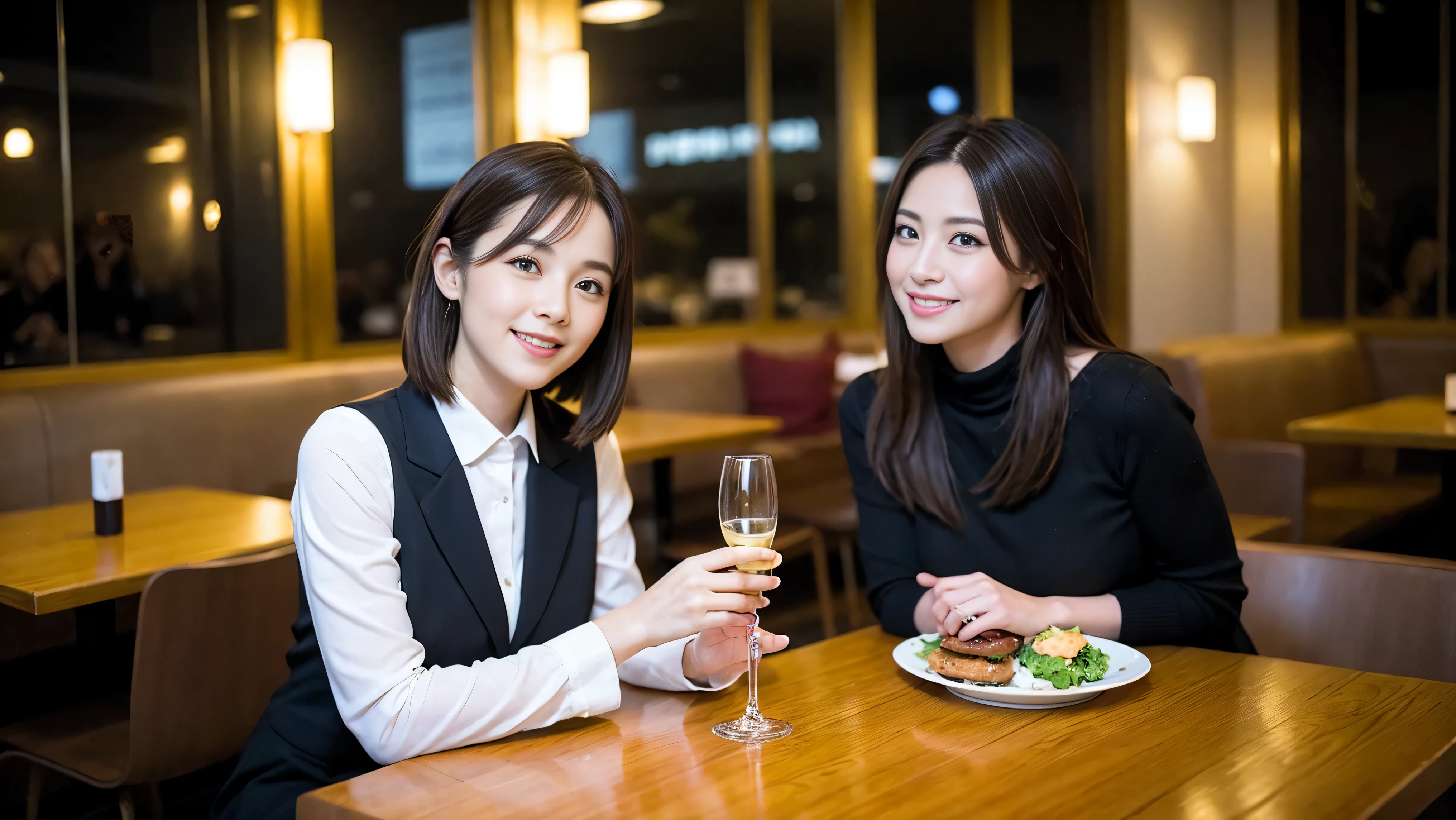 (to be born, highest quality, masterpiece:1.5), (realistic, intricate details:1.2), ultra high resolution, confused,bright image、2 Wine Beauties, beautiful face, blue eyes, fine eyes, symmetrical eyes, light shines on your face, blush your nose, short hair,Spectacular view of the sunset sky and clouds、Amazing mountain views、A bright smile、A lovely woman with a smile、The woman's face is bright、fox face、lady、Wine Party、hors d'oeuvre、Italian food、2 beauties、brown hair、shortcut、long sleeve shirt、winter fashion、dress、Japanese、Englishman、Dutch、German、Belgian、Italian、French,wine bottle、hors d'oeuvre、Champagne、sparkling wine、Pretty Woman 1, (slim face), (Because I'm slender), (brown hair), (shortcut), cheeks turn a little red, (44 years old), 42 years old, attractive beauty、, A beautiful and detailed night view spreads out outside the window.........., restaurant, sitting in a wine glass, At night, in a prominent place (from the waist up) nova frog style, actress, model, Upper body, White wine, slim, wine glass, very beautiful night view, wine glass placed in the middle, Smile, (smile: 1.15), beautiful fine eyes, Depth f/2,saturation, high contrast, strong light and shadow