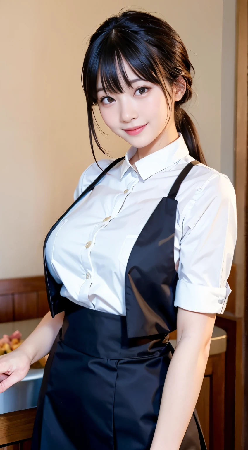 (highest quality,masterpiece:1.3,ultra high resolution,),(Super detailed,caustics),(Photoreal:1.4,RAW shooting,)ultra-realistic capture,very detailed,High resolution 16K human skin close-up。 natural skin texture、,The pores are、、、、Must be detailed enough to be easily identified。 Skin should look even-toned and healthy。 Use natural light and color,restaurant,waitress uniform,1 girl,Japanese,18-year-old,cute,black haired,ponytail,big breasts,smile,turn your body forward,(Front view:1.1),look at the camera,cowboy shot,