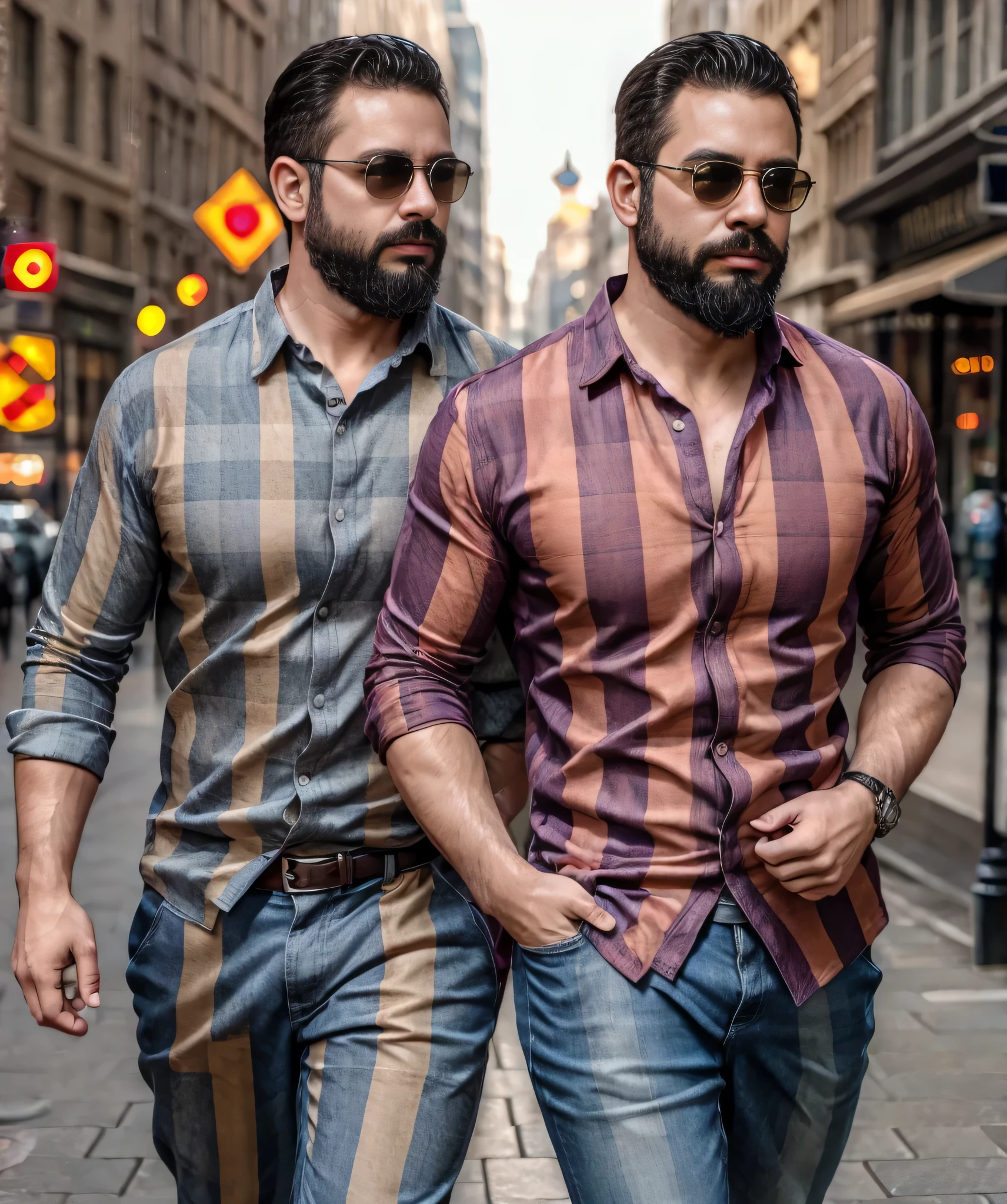 (best quality,4k,8k,highres,masterpiece:1.2), ultra-detailed, realistic:1.37, HDR, studio lighting, professional, vivid colors, bokeh, portraits, man in his late 30s, bearded, wearing sunglasses, wearing formal attire with checkered shirt, walking on the street.