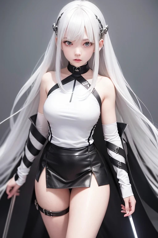Silver eyes,silver hair,pale whiye skin,figure eight,slightly busty,wearing a flay partially short skirt with knee length whit boot and a white top.very long hair and two swords at hheher back.
