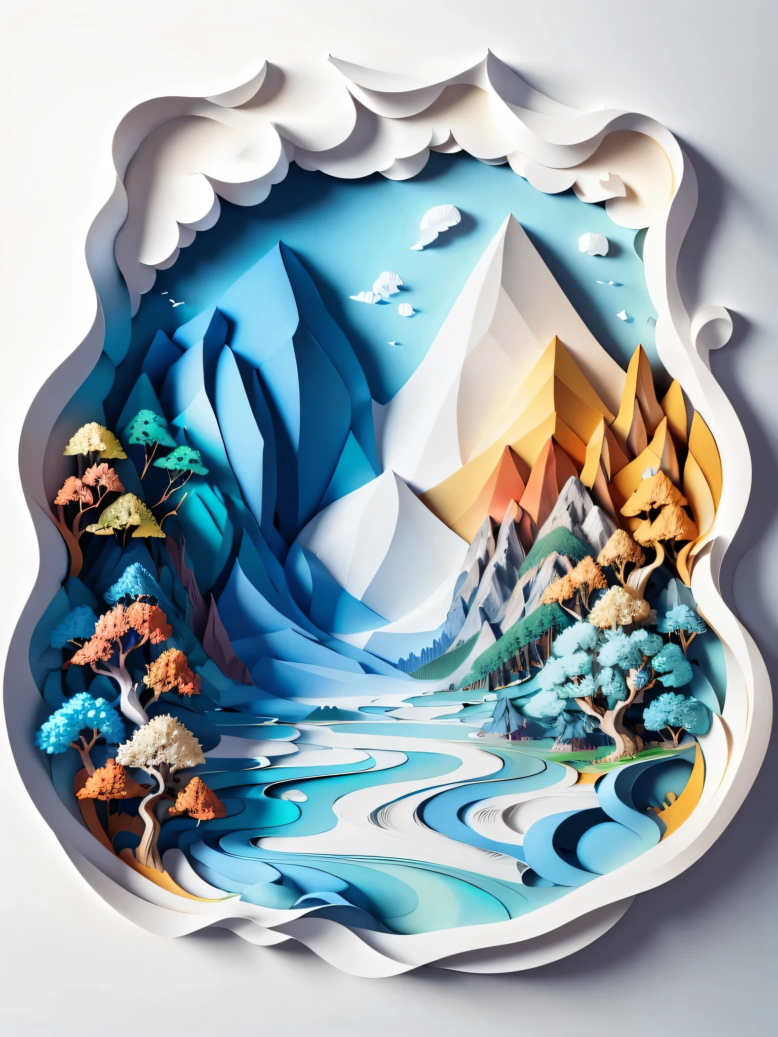 There is a paper cut of mountains and rivers, Complex 3D illustration, layered Paper Art, landscape art detailed, Behance 3D Art Trends, Behance 3D Art Trends, Paper Art, Paper plastic art, 3D epic illustration, Low polygon digital art, Detailed digital 3D art, 4k highly detailed digital art